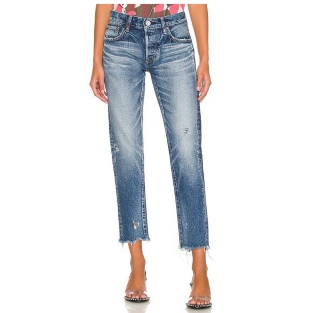 Moussy Vintage Howa Tapered Jeans Zip fly Whiskering Raw Hem Distressed size 25
